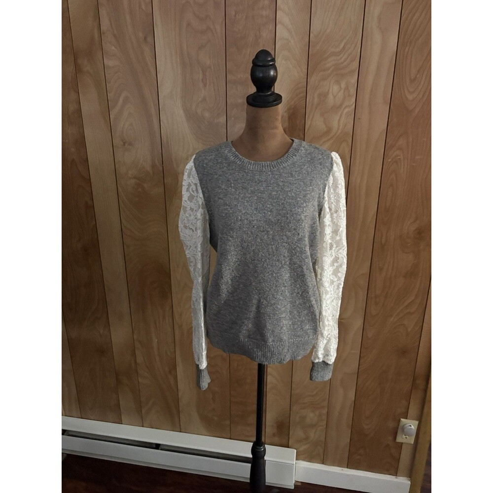 Rebecca Taylor Gray Knit Sweater White Floral Lace Long Sleeve Crew Neck Large